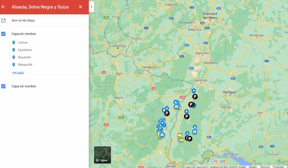 Captura de pantalla de Google My Maps una de las mejores app para organizar tus viajes en camper